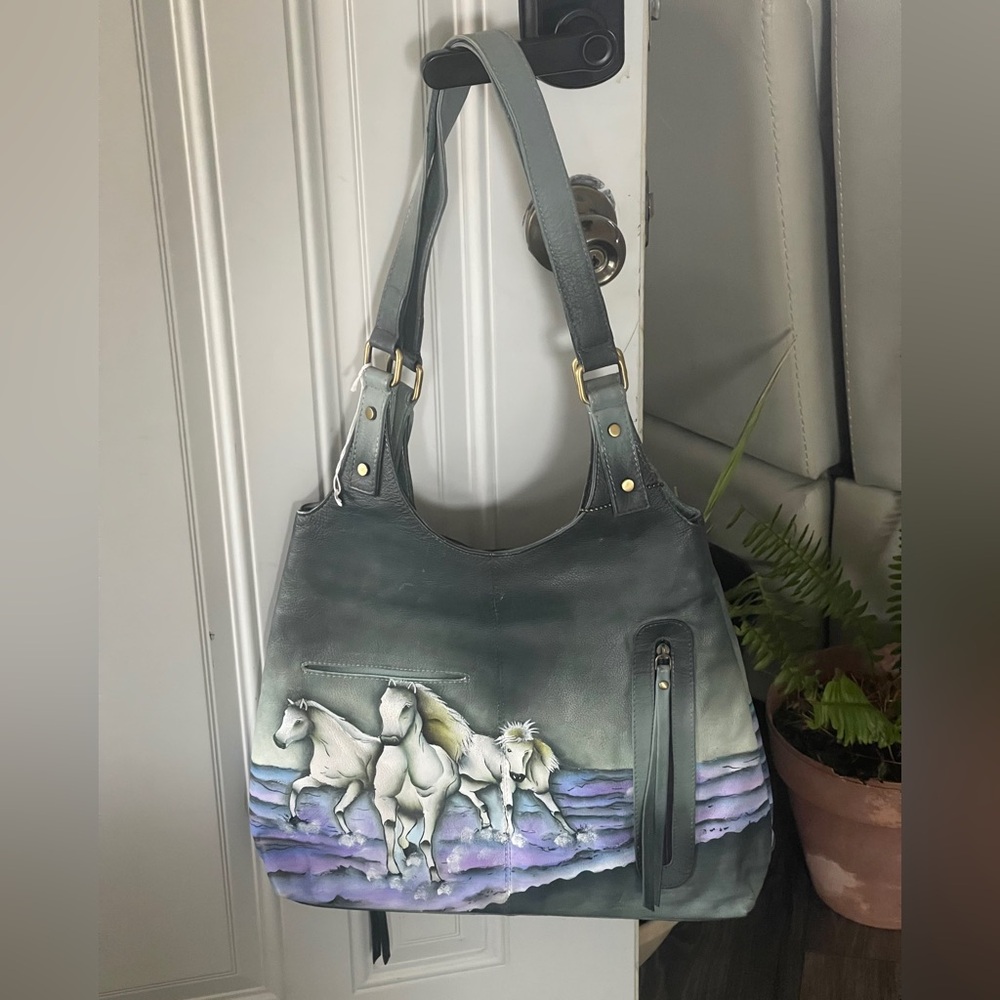 Hand-Painted Gray Leather Tote with White Horses